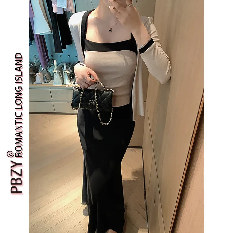 春秋新款御姐温柔风轻熟针织开衫上衣+撞色吊带背心两件套 6650#