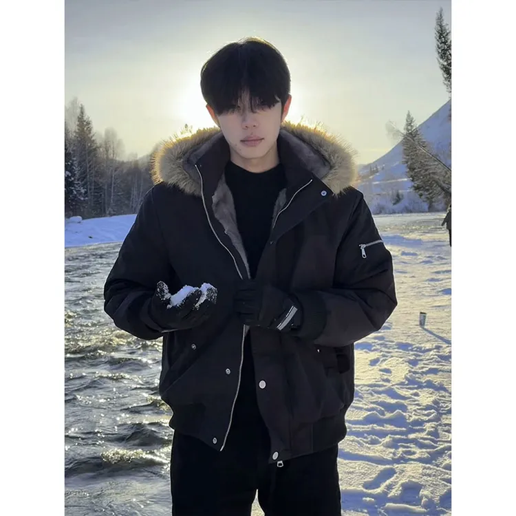 美式狼王短款座山雕毛领派克服外套男冬季可拆卸连帽工装棉衣夹克