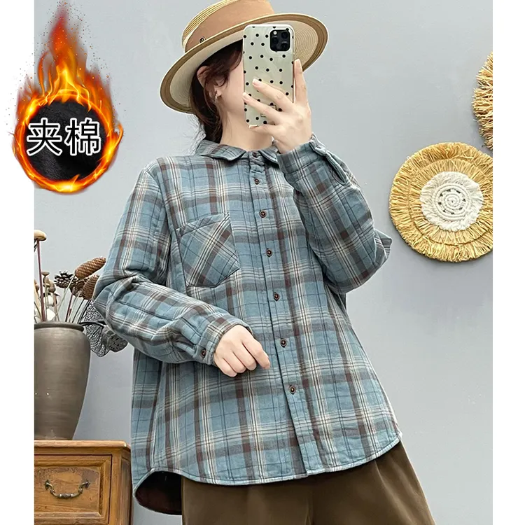 夹棉加厚格子衬衫女2025冬季文艺简约休闲宽松方领纯棉衬衫棉服女