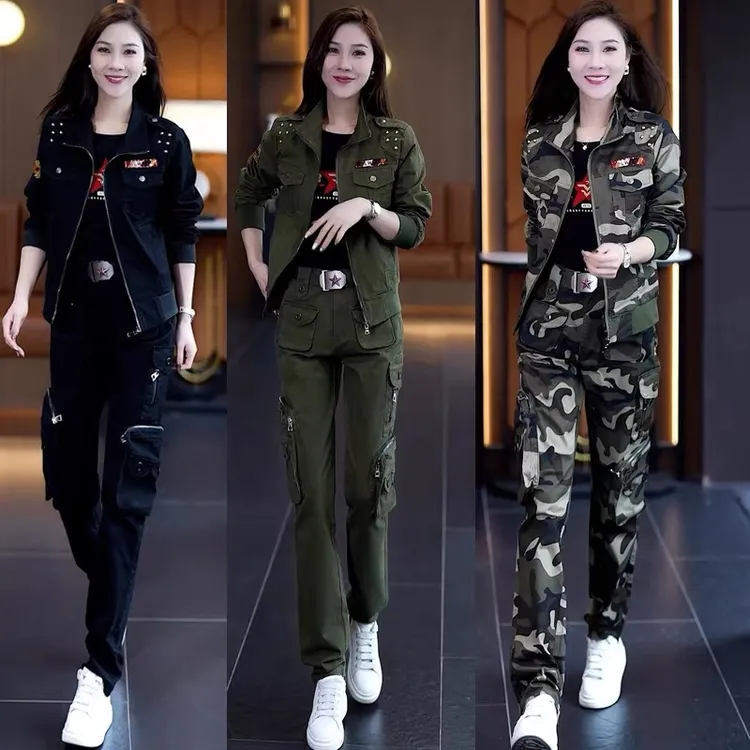 迷彩服套装女春秋新款外套运动休闲工装多口袋长裤户外百搭三件套