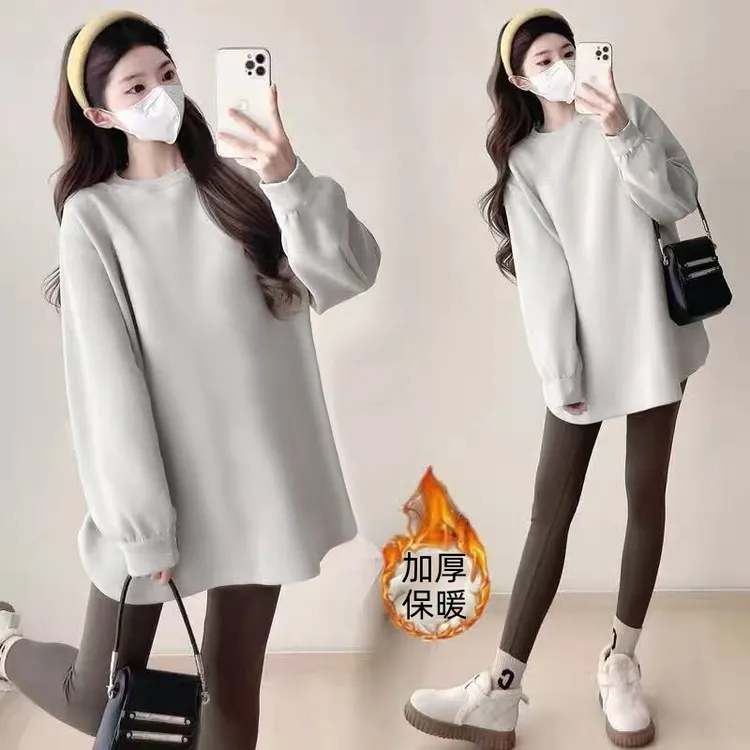 新款秋冬德绒磨毛中长款t恤女长袖上衣加厚保暖下摆圆弧百搭遮臀