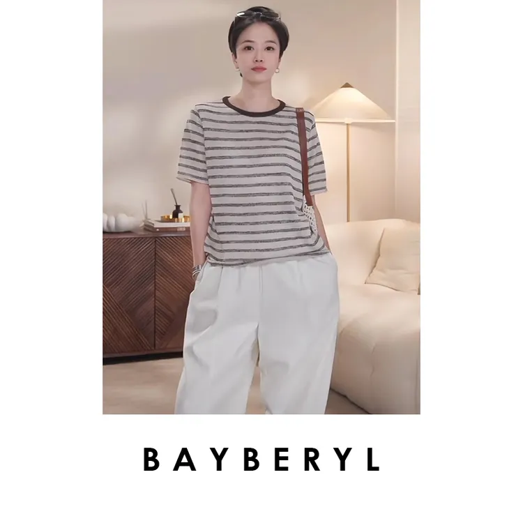 BAYBERYL老贝红蓝条纹百搭透气春圆领短袖针织衫ZZS5C2528    