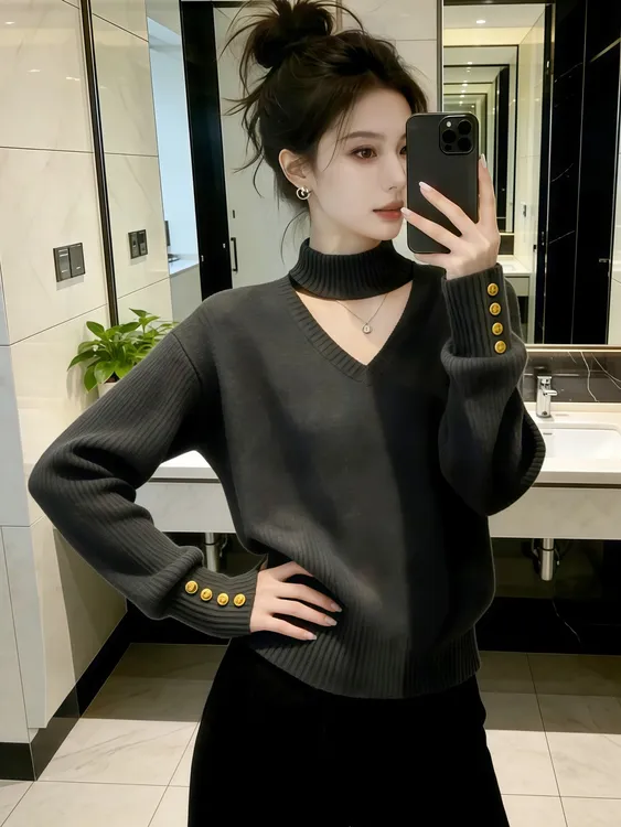 设计感挂脖V领灰色毛衣冬季女2025新款慵懒高级感加厚针织衫上衣
