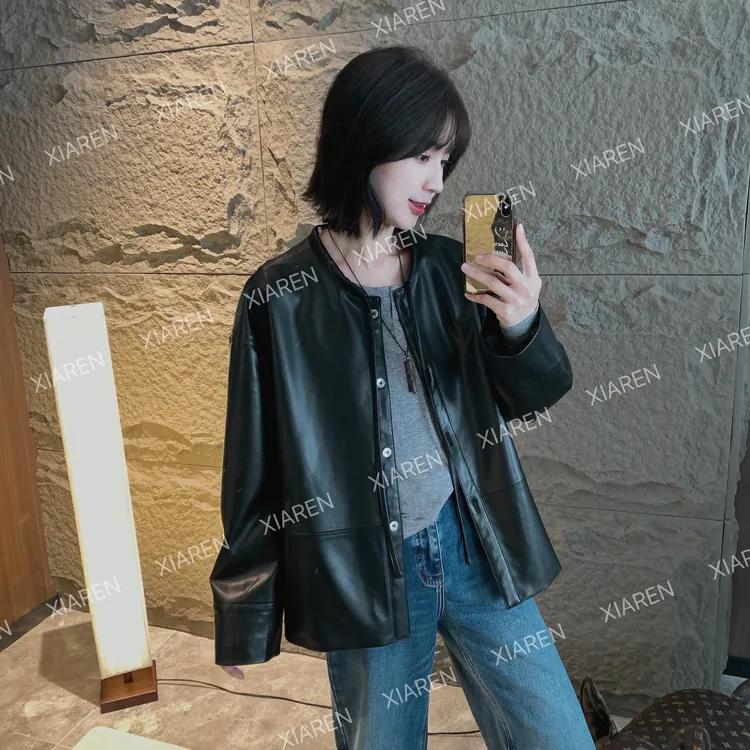 XIAREN【绑带皮衣】外套女款爆款2025新款皮衣穿搭黑色秋季长袖