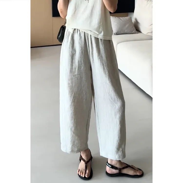 基础款设计感松紧腰亚麻八分休闲裤夏季新款女显瘦百搭纯色阔腿裤