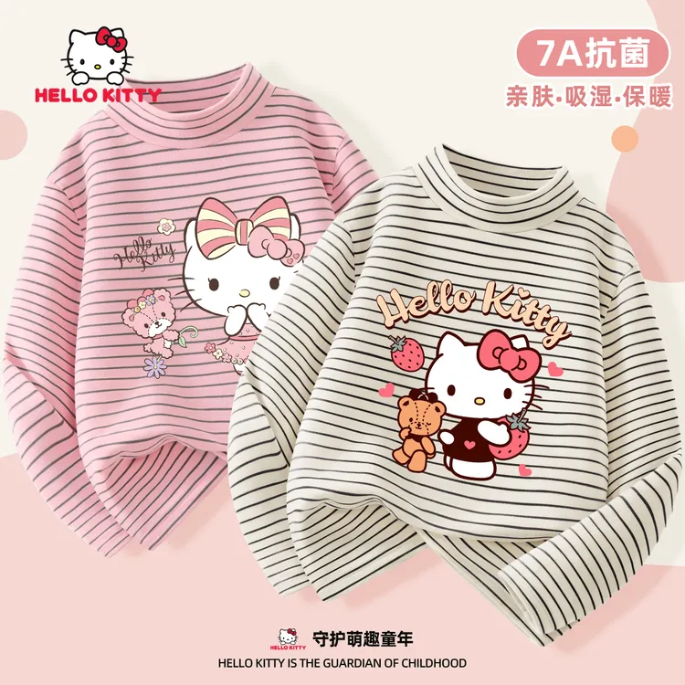 Hello Kitty女童秋冬T恤衣服2025中大童条纹长袖儿童半高领打底衫