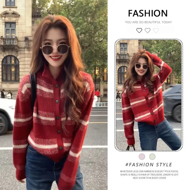 韩系复古红色条纹毛衣女冬季宽松慵懒高级感长袖针织开衫外套上衣
