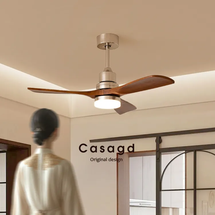CASAGD中古风胡桃木餐厅风扇灯家用变频客厅卧室静音实木电扇灯