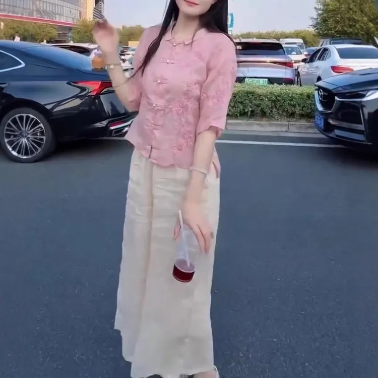 国风复古盘扣减龄短袖宽松显瘦套装上衣大码黄色t恤女2025夏季新