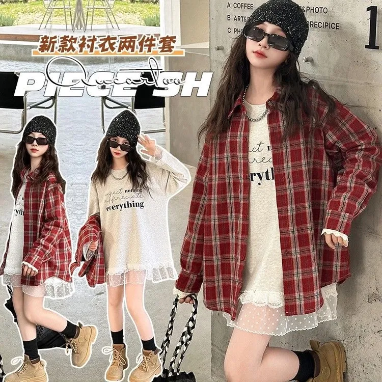 女童衬衫春秋款2025新款儿童洋气时髦格子上衣中大童春季长袖衬衣