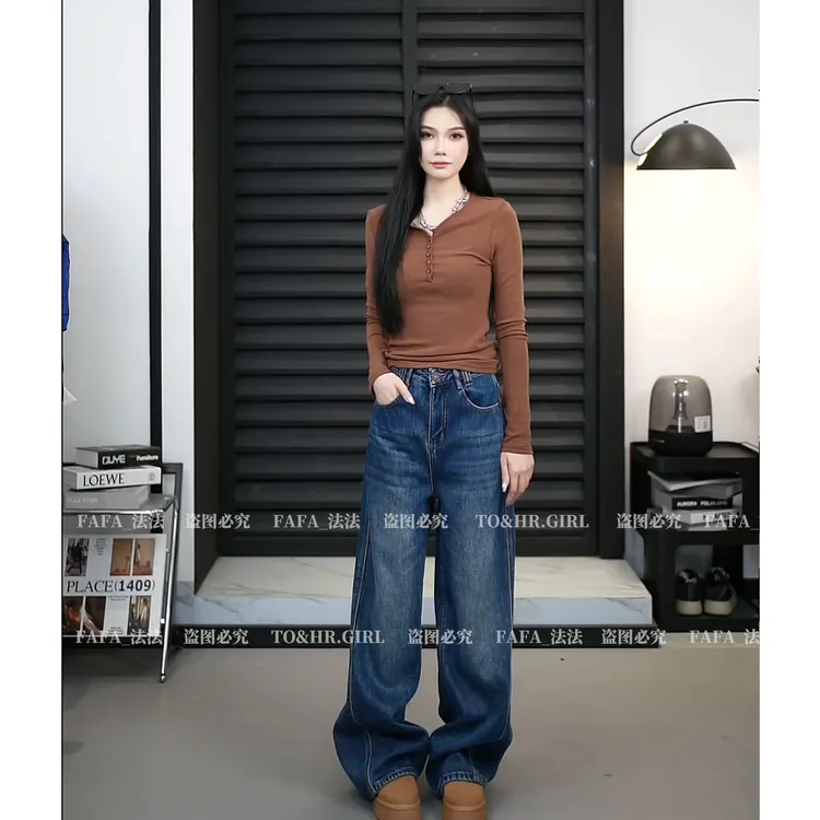 【TO&HR.GIRL】Z7855-蓝色中高腰直筒牛仔裤裤子长裤高腰百搭显瘦女