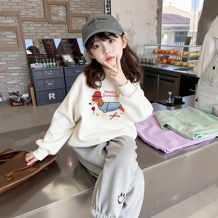 中大童加绒套头卫衣外套秋冬款女童宽松休闲加厚字母印花长袖上衣