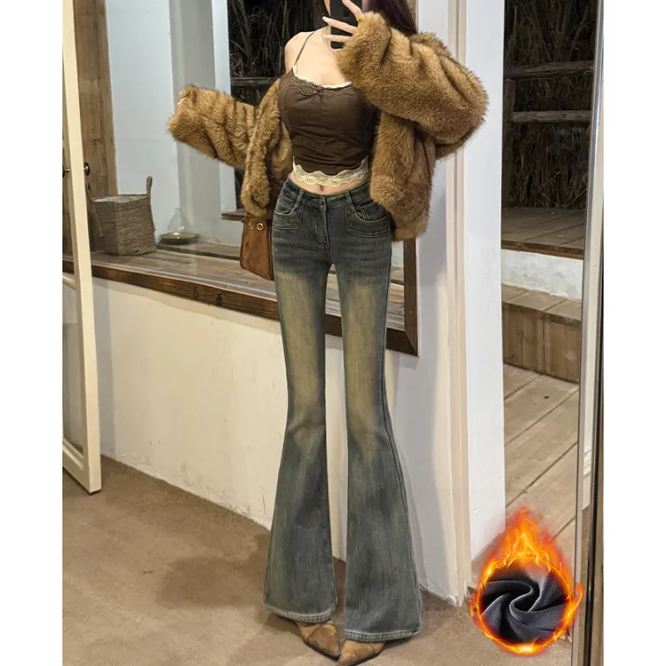 美式复古牛仔裤子女2025冬季加绒新款微喇低腰性感辣妹喇叭裤子