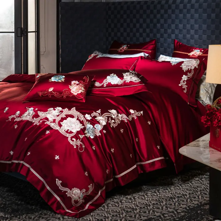 BOYUE博越套件丝滑床单结婚简约绣花件套床上用品纯棉高档四件套