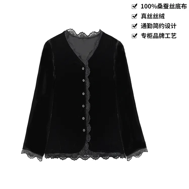 100桑蚕丝丝绒优雅法式水溶蕾丝V领修身长袖真丝丝绒外套WT112