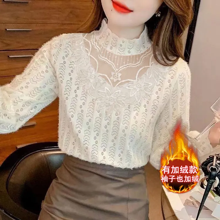 半高领蕾丝打底衫女网纱拼接小衫加绒加厚秋冬内搭减龄百搭上衣女