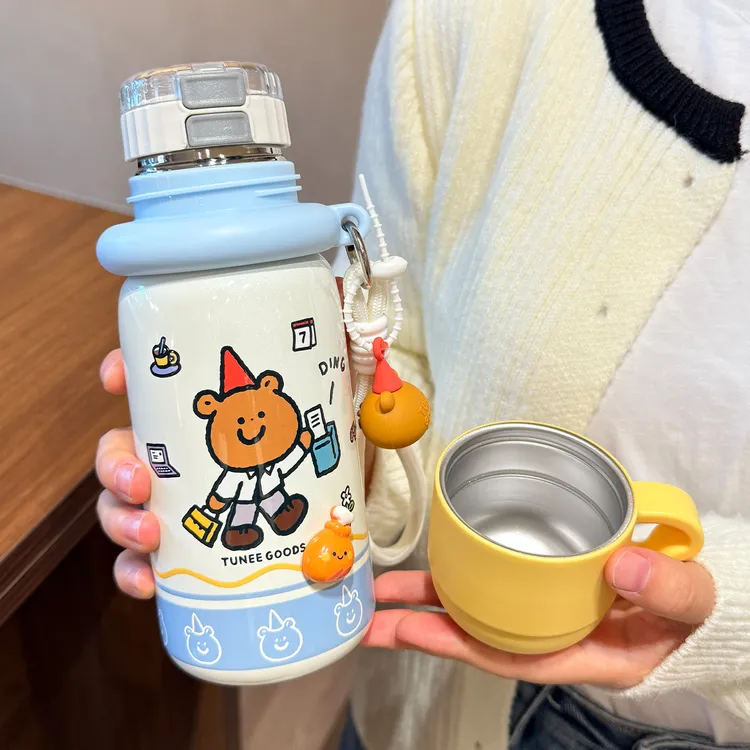 卡通保温杯女高颜值双饮吸管水杯学生专用大容量杯子儿童水壶带盖