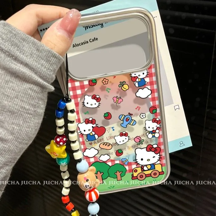 格纹kt猫适用苹果17手机壳艺术感卡通iphone17air带挂绳17pro小众