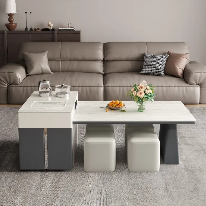 岩板功夫茶几轻奢现代客厅家用多功能可伸缩茶几电视柜椅子组合