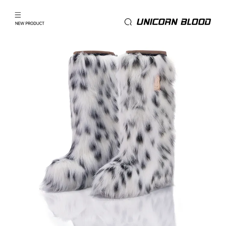 UNICORN BLOOD毛毛系列斑点狗皮草靴欧若风圆头坡跟鞋内增高靴子