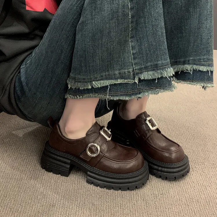 小个子厚底英伦复古乐福鞋女2025春季新款粗跟增高防滑单鞋小皮鞋