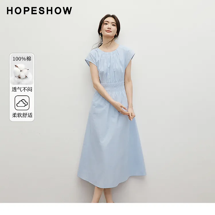 红袖2025夏季新款女装 系带圆领捏褶打揽小飞袖连衣裙90125191603