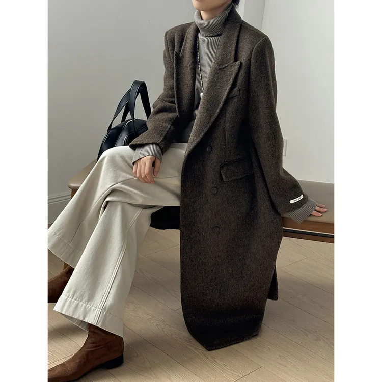高端复古西装领人字纹双面呢大衣女 冬季正肩宽松毛呢外套女秋冬