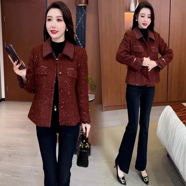 时尚小香风细闪外套女2025秋季新款显瘦减龄百搭翻领休闲气质外套