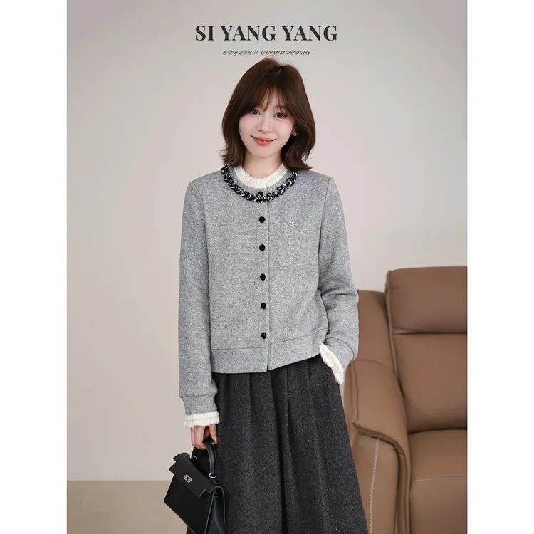 斯洋洋SIYANG冬季新款女装羊毛混纺闪闪钻气质上衣SY512A050SYY