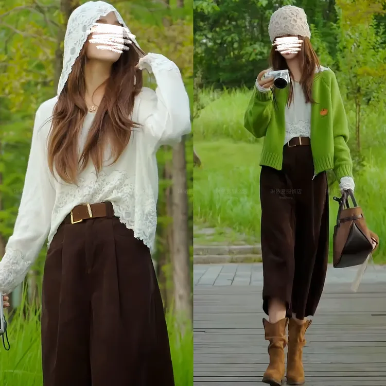 2025秋冬新款宽松舒适针织开衫蕾丝气质连帽针织衫百搭七分裤套装