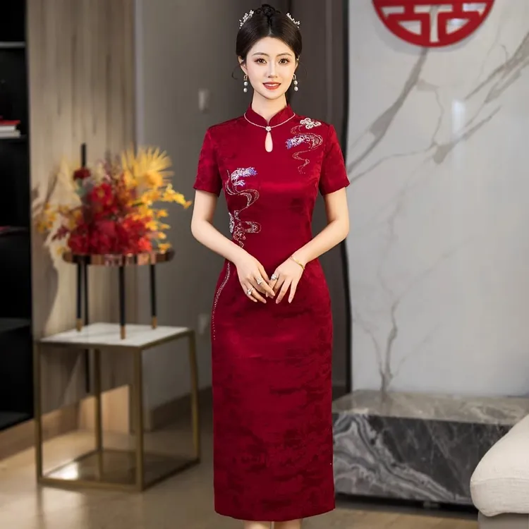 提花醋酸喜婆婆婚宴装后开衩显瘦高贵年轻小个子妈妈婚礼旗袍