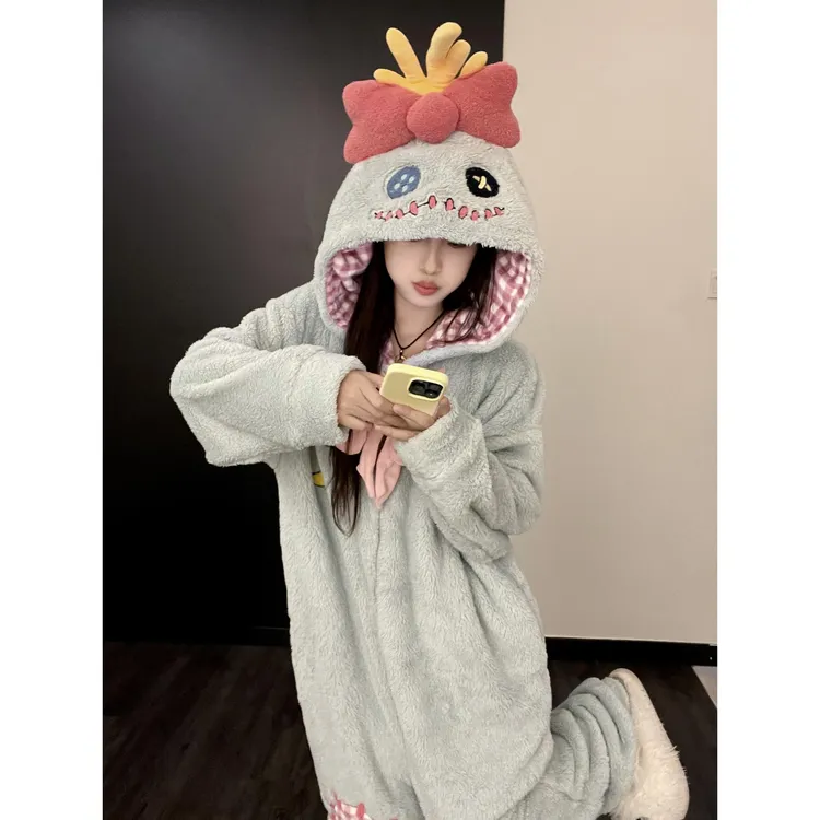 秋冬季新款连体连帽睡衣甜美可爱卡通半边绒女加厚保暖家居服套装