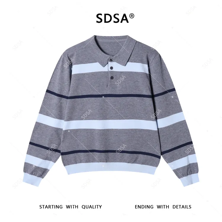 SDSA男士秋冬新款轻奢痞帅男装老钱风撞色条纹翻领针织衫百搭毛衣