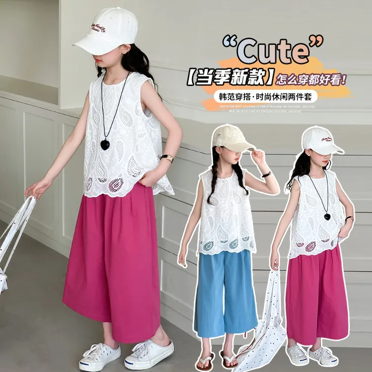 女童蕾丝套装休闲他在韩版爆款蕾丝套装夏季纯色套装中大童
