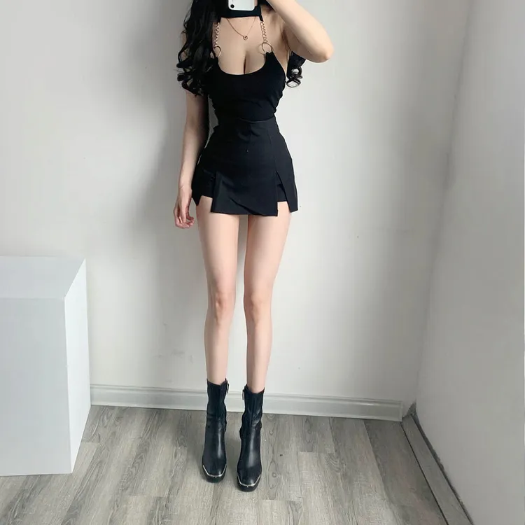 夏季新款欧美性感拉环链条低胸打底内搭外穿挂脖显瘦连体气质辣妹