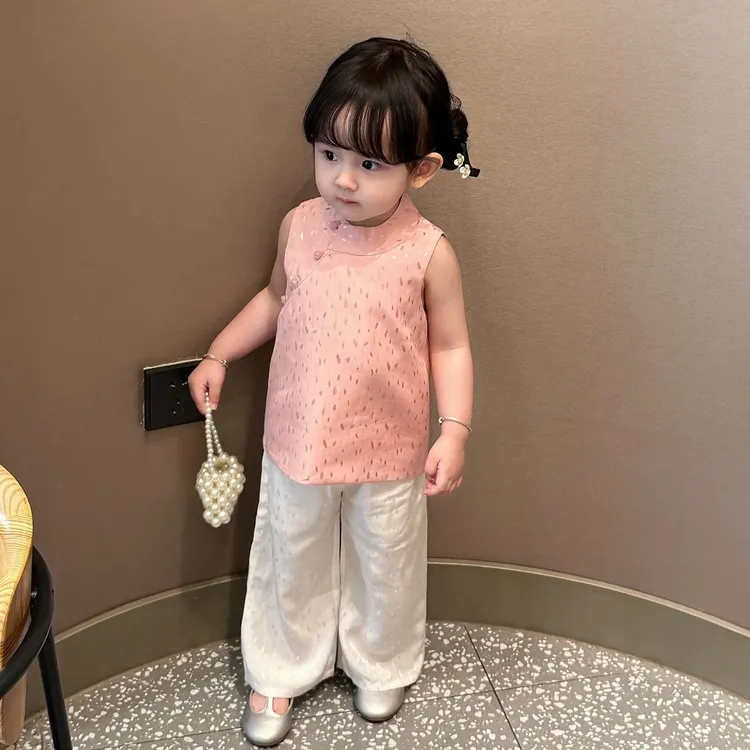 小惜亦夏季新款女童中式套装端午节中国风粉色马甲儿童女宝直筒裤