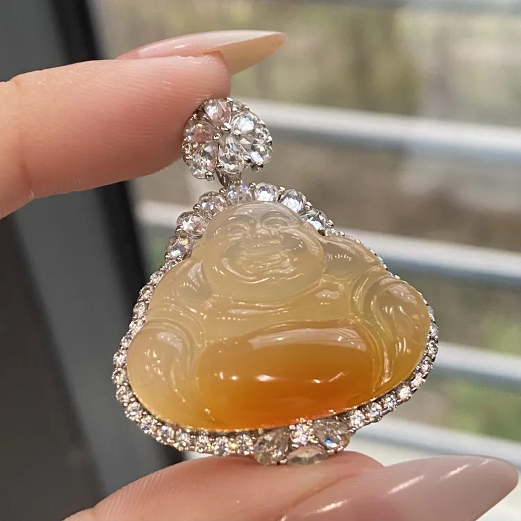 天然玉髓肚里藏金佛公吊坠s925银镶嵌富贵感十足