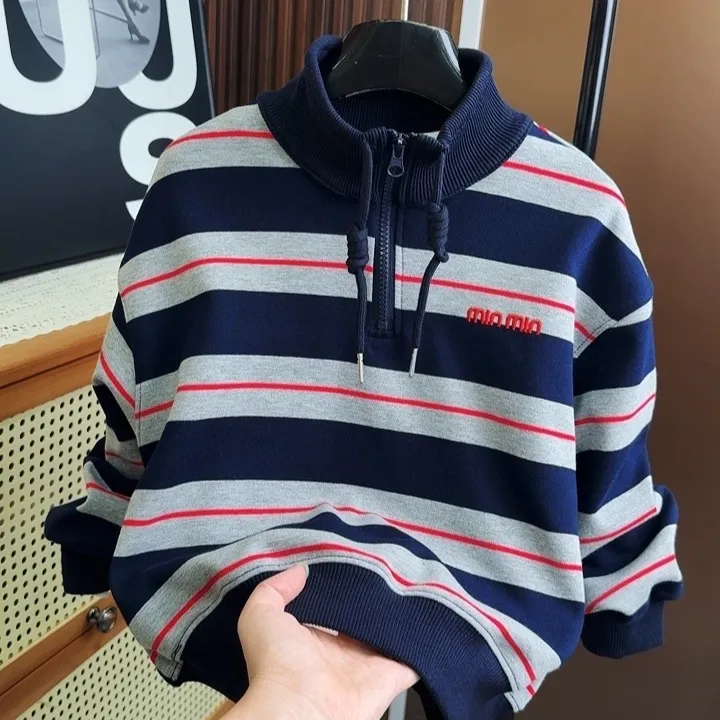 现货秋款上新！新款中大童复古风条纹半拉链卫衣时尚百搭00335