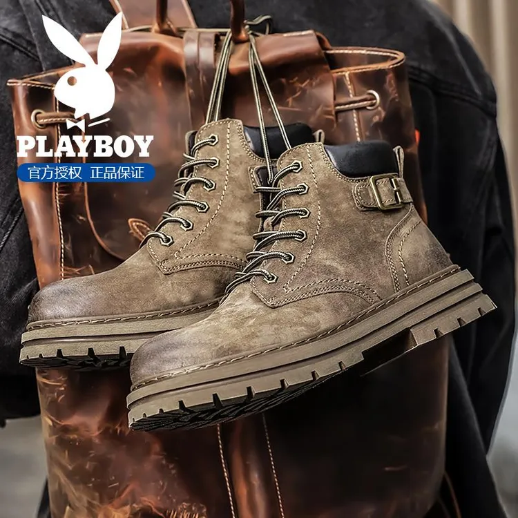 花花公子马丁靴2025新款冬季户外休闲男鞋子厚底防滑百搭工装潮靴