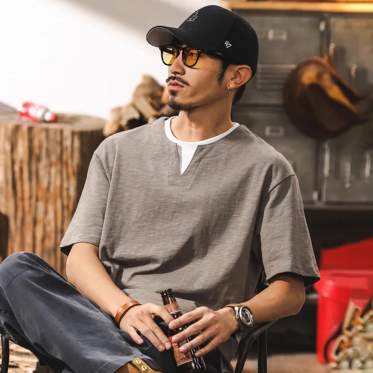 美式复古假两件竹节棉凉感短袖t恤男新款夏季亨利领polo衫男宽松