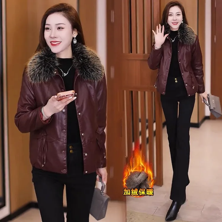 加绒加厚皮衣外套女2025冬季新款宽松显瘦百搭保暖PU皮夹克棉袄潮