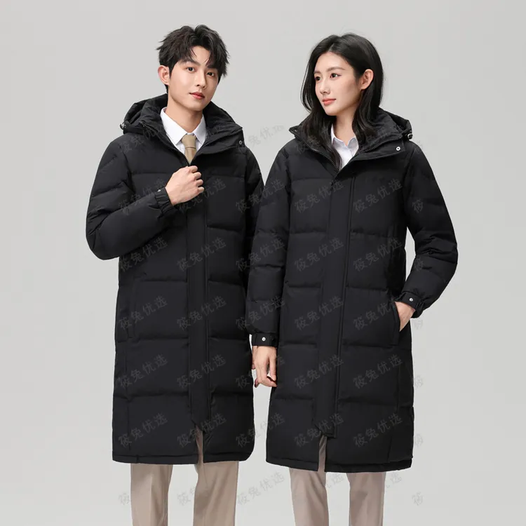 冬季黑色长款羽绒加厚4S店工装售楼部正装工作服男女同款过膝外套