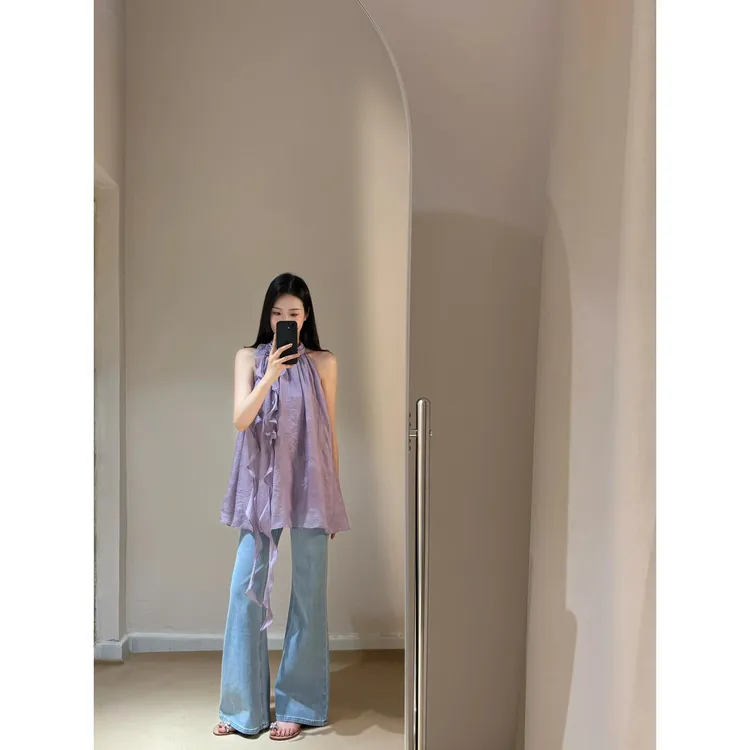 MARIE.COCO韩系氛围感紫色花朵挂脖飘带吊带上衣微喇牛仔裤两件套