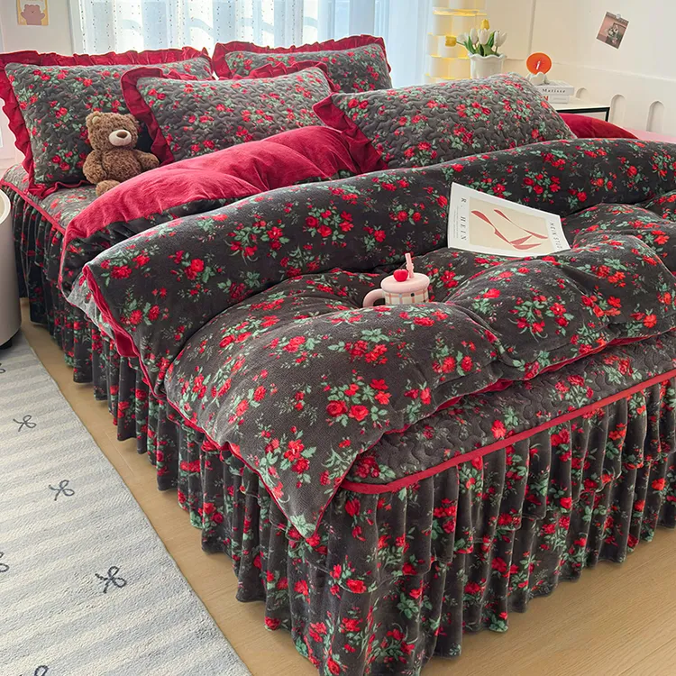 公主风双层花边床裙四件套冬季加厚牛奶绒夹棉床罩双面绒被套床品