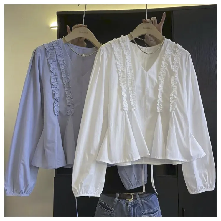 法式浅蓝色荷叶边衬衫女2025秋新款小众设计感独特显瘦长袖上衣