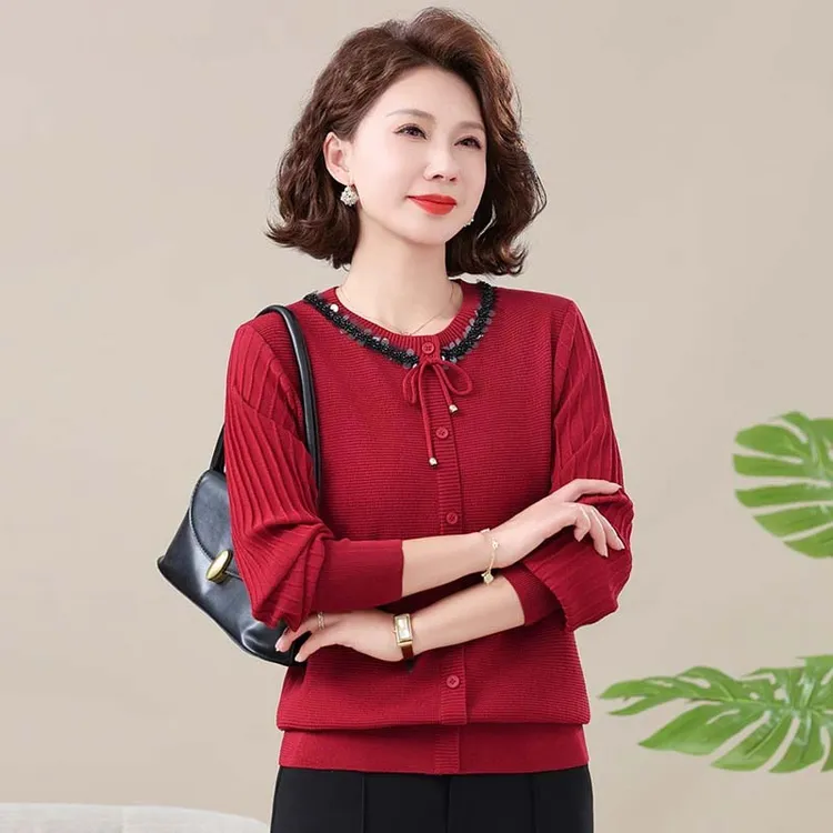 妈妈针织衫春季阔太太洋气高贵上衣2025新款中老年女人春秋薄毛衣