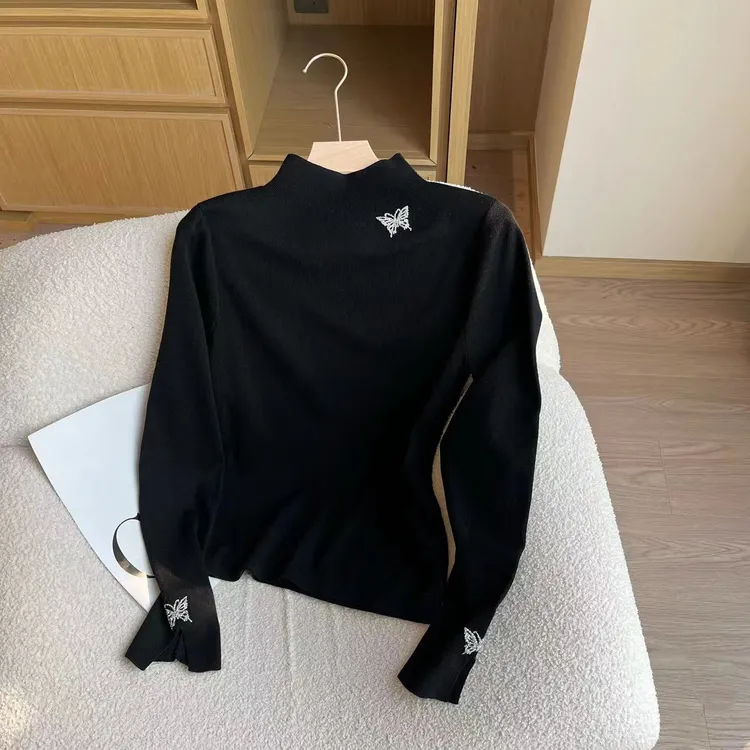 2025韩系时尚重工蝴蝶半高领修身长袖打底针织衫保暖上衣H5-54