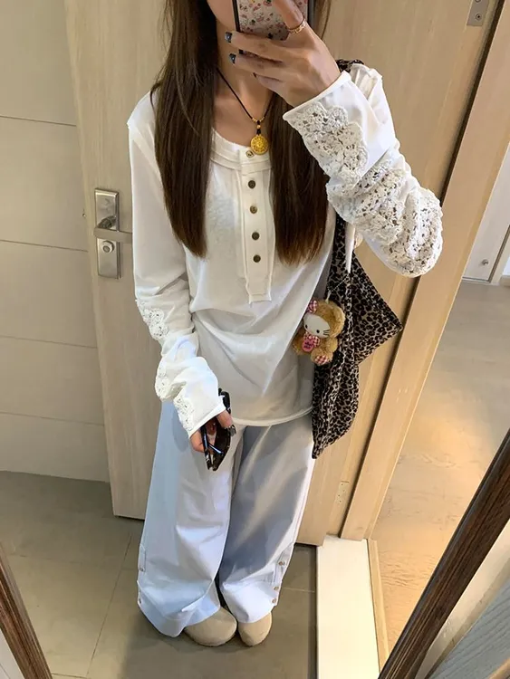 白色蕾丝镂空刺绣亨利领长袖t恤女春季2025新款夏季防晒罩衫上衣