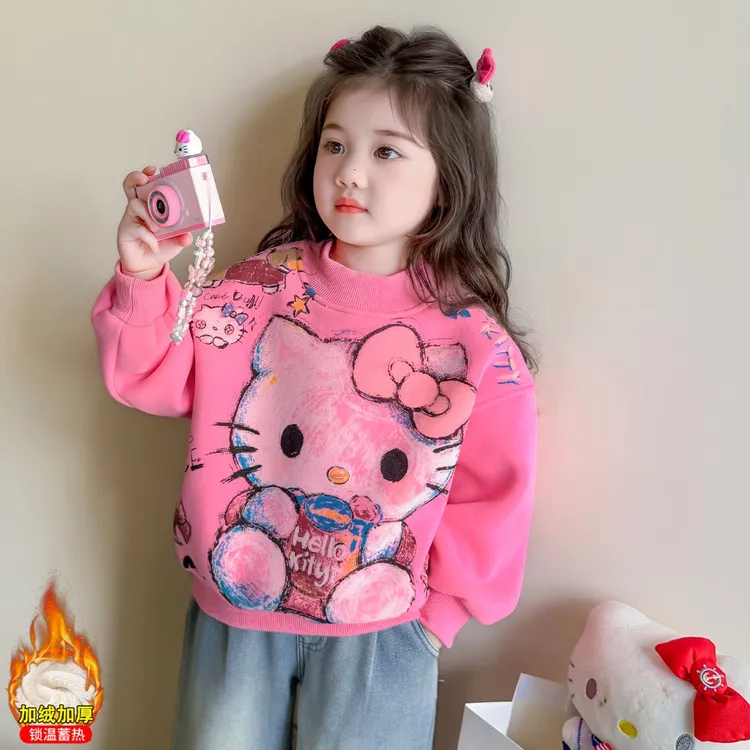 90-140女童加绒卫衣儿童秋冬装韩版卡通女宝宝冬季套头休闲上衣潮
