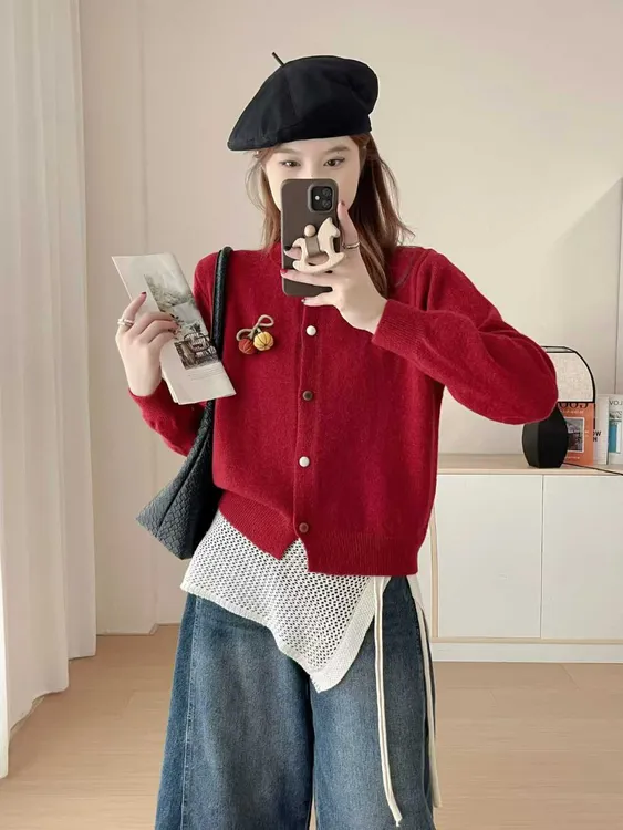 韩系撞色小清新圆领百搭针织开衫女秋冬新款新款时尚洋气百搭女装